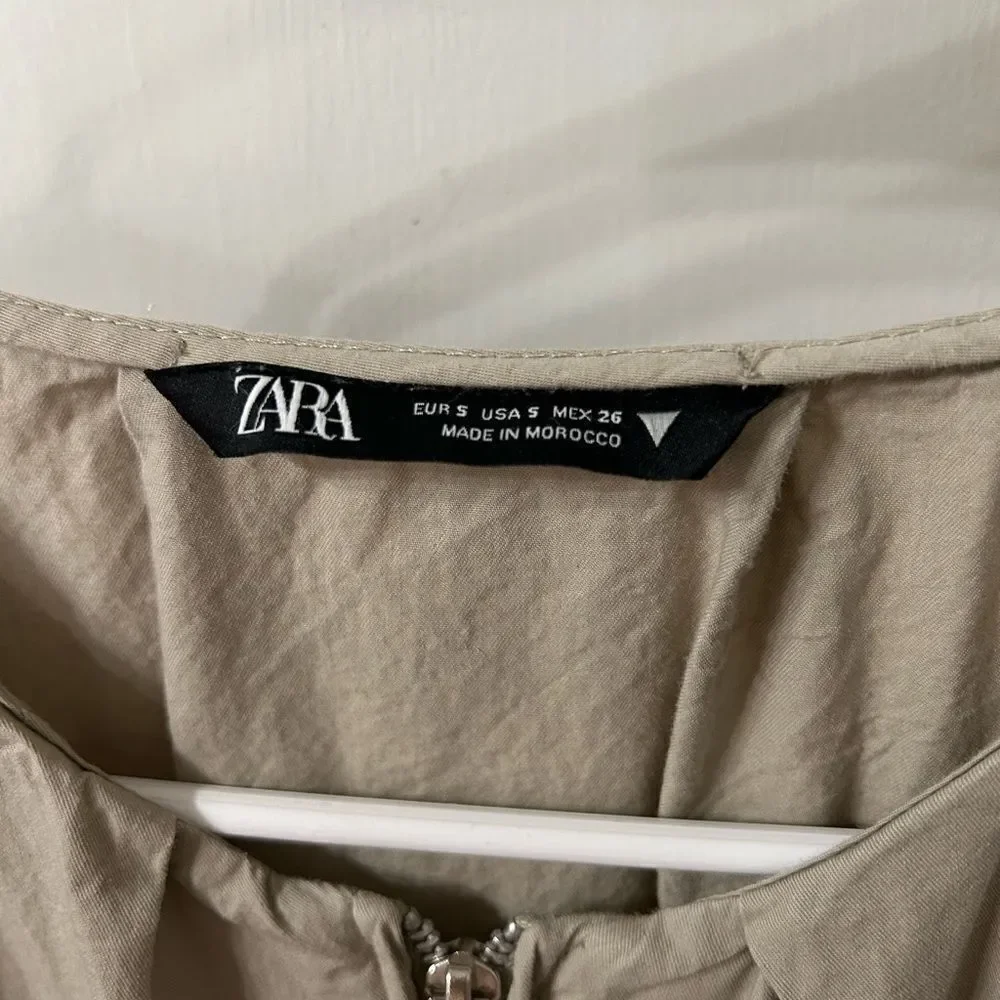 Zara Tan Jumpsuit with Puffed Sleeves and Elastic Waist - Picture 2 of 4